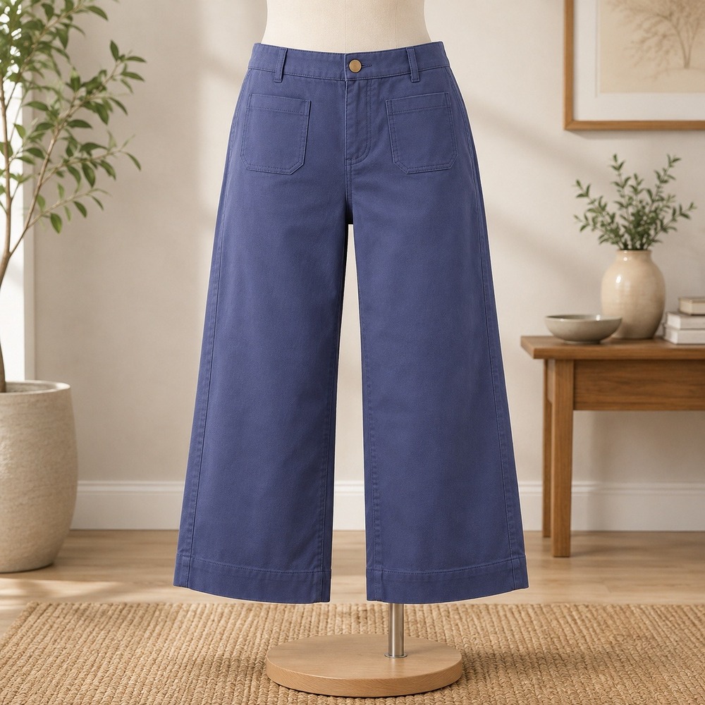 NEW Denim & Co Wide Leg Crop Pants 16P Navy Blue Patch Pocket Stretch Cotton